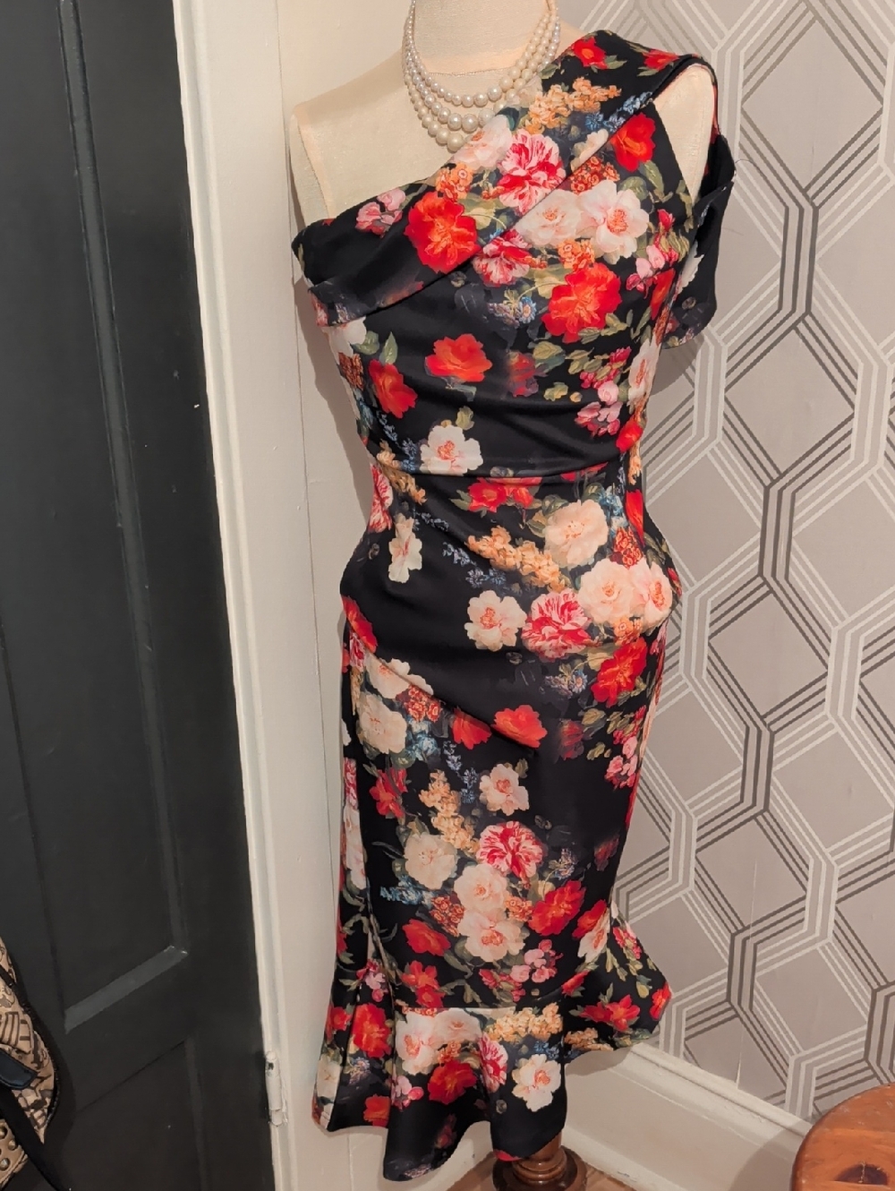One-Shoulder Floral Midi Dress in Black with Red & Cream Blooms